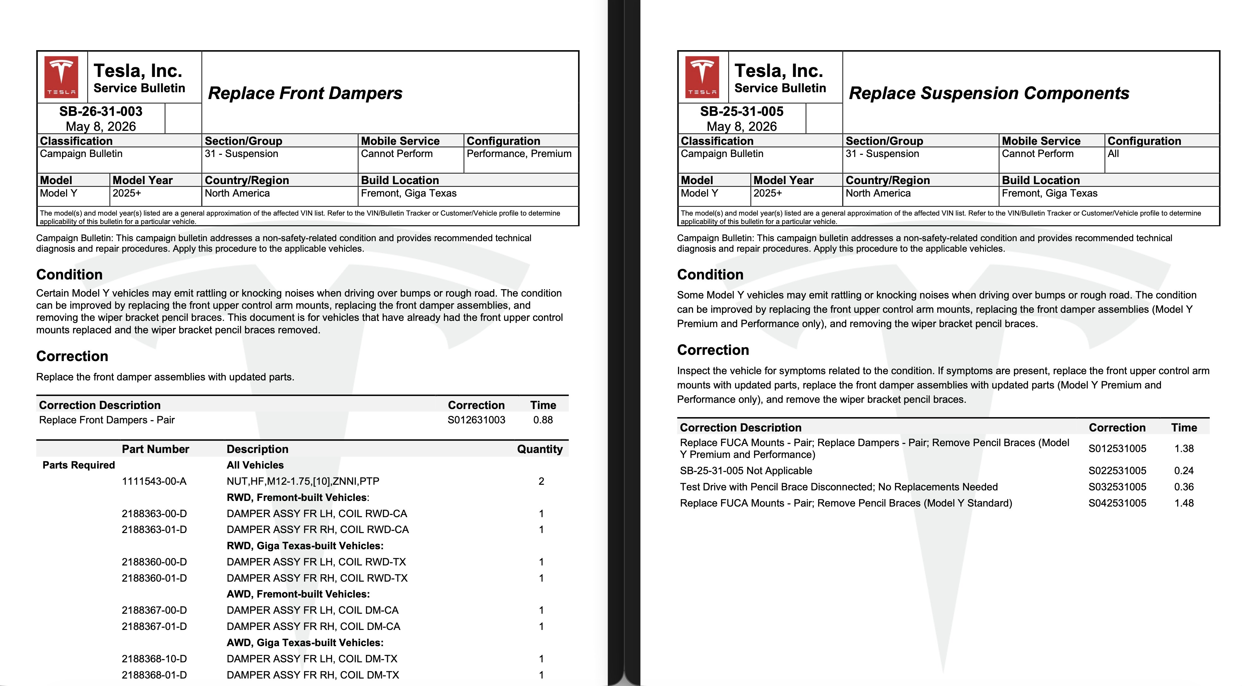 Tesla publica bulletins de servicio por ruidos en la suspensión delantera del Model Y Juniper